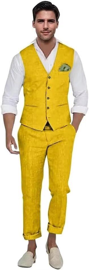 Men's Casual Linen Suit Set 2 Piece Slim Fit Beach Wedding Suits Prom Groomsmen Tuxedos Vest Pants - Main Image
