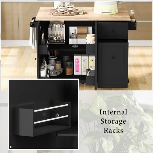 Eailaveo Modern 53.9\" Kitchen Island Cart with Drop Leaf and Rolling Wheels, Internal Storage Rack and 3 Tier Pull Out Cabinet Organizer,for Home Kitchen Dining Room (Black@Rack)