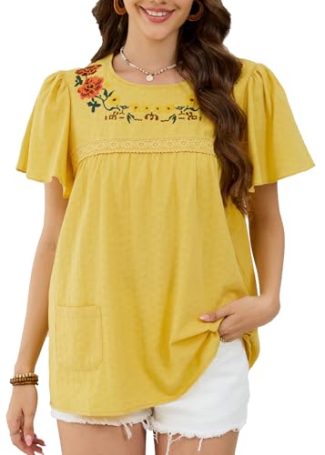 Womens Summer Cotton Floral Embroidered Tops Crewneck Short Sleeve Shirts Casual Blouses Boho Clothing Trendy 2025