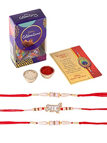 Image of Cadbury 4 Rakhi Combo for Brother Bhabhi Kids with Celebration Chocolate Gift Pack /Rakshabandhan with Gift for Brother with chocolate combo /Lumba /Pearl Designer /Greeting Card