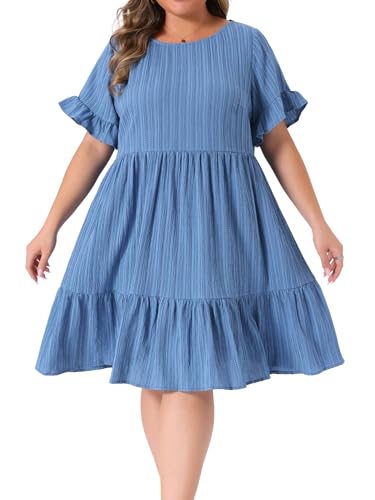 Image of Agnes Orinda Plus Size Summer Ruffle Short Sleeve Dresses for Women Crew Neck A Line Tiered Midi Dress Casual 3X Dusty Blue