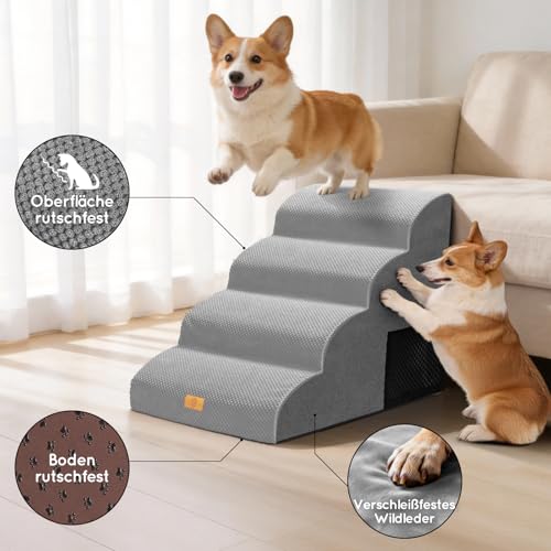 Thihome Hundetreppe 4 Stufen, rutschfeste Haustiertreppe 50cm Hoch, Hochdichter Schaum Hunderampe mit Waschbarem Bezug und Rutschfestem Boden, Hunde Treppe für Sofa & Bett, Grau