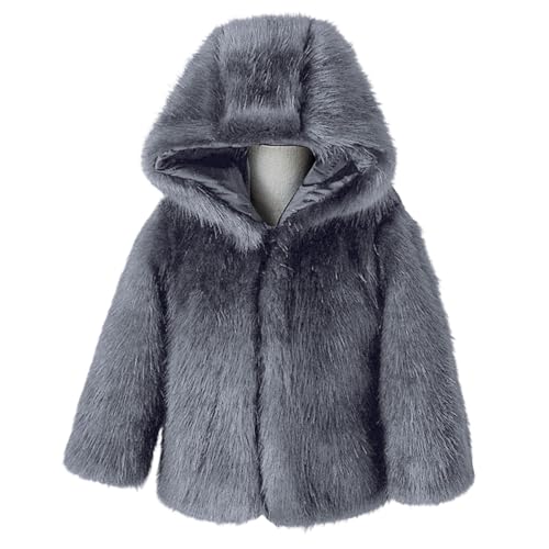 Girls Faux Fur Hooded Coats Winter Furry Thick Fleece Jackets Kids Long Sleeve Warm Outwear for Teen Girl Fuzzy Windproof Coat (Grey, 13-14 Years)