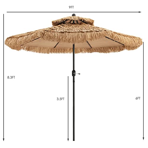 Tangkula 9 Ft Thatched Patio Umbrella, 2 Tier Hawaiian Style Grass Beach Umbrella With 8 Ribs, Tilt Adjustment, Manual Crank, Tiki Umbrella For Backyard, Poolside, Deck #TOP3