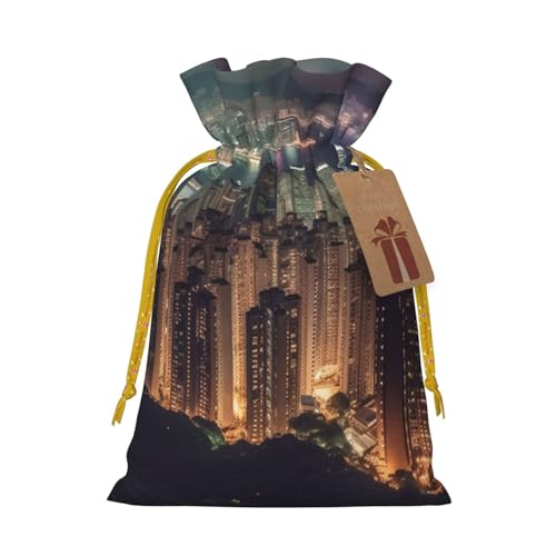 NBSKSDLK Hong Kong Christmas Gift Bags with Tags & Ribbon Ties, Personalized Santa Sack Xmas Treat Pouch Party Favor Bags Drawstring Christmas Sacks for Holiday Presents Storage Small