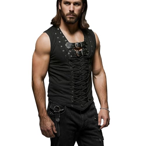 Modeewel Camisa pirata sin mangas para hombre, estilo vintage, con cordones, transpirable, sin mangas, gótica, con cordones, camiseta medieval, muscular, amoniaco, disfraz de vikingo steampunk, Negro