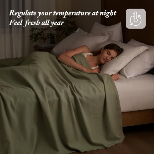 Image of Madison Park Liquid Cotton Blanket Breathable, Softer Ring Spun Weave, Diamond Motif, Luxurious 100% Cotton All Seasons Lightweight Summer Blanket for Bed, Couch, Office, Olive Green, Twin