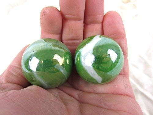 Miniatura 3 de Juego de 2 canicas de cristal sólido para tirador grande de 1.378 in de color verde iridiscente/blanco