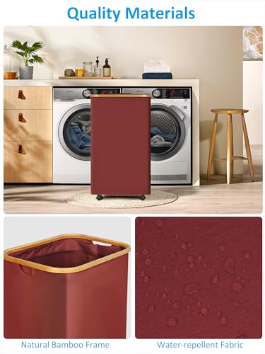 Image of efluky Laundry Basket with Wheels, Tall Rolling Laundry Hamper with Lid and Removable Bag, Aesthetic Dirty Clothes Hamper on Wheels for Laundry Room, Bedroom, Dorm and Bathroom, 100L Rose Red