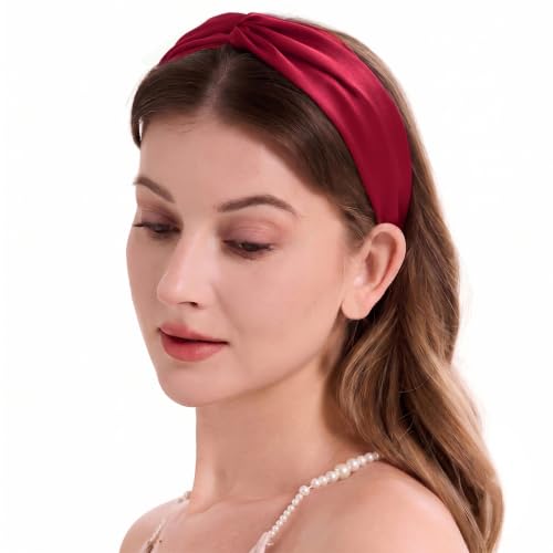 Image of ZLYC Mulberry Silk Headband for Women's Hair, Solid Burgundy | smooth luxury real silk, stretch elastic no slip fit, makeup spa skincare use, travel daily wear,boho fashion hair accessory