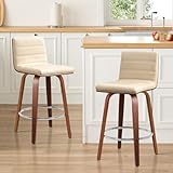 RêveLife 26 Inch Swivel Bar Stool with Back Set of 2, Mid-Century Modern PU Leather Upholstered Counter Height Stool Heavy Duty Bentwood Bar Chairs for Kitchen Island Dining Room Small Space, Cream