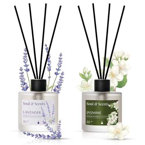 Soul & Scents Lavender and Jasmine Reed Diffuser Set - 100ml with Free 10 Rattan Reed Sticks| Toxin Free & Stress Relief| Long Lasting | Room Freshener for Home, Bedroom & Office| Combo Pack of 2