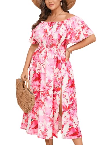 Image of Plus Size Maxi Dress Off The Shoulder Ruffle Smocked Wedding Guest Cocktail Slit Hem Flowy Dresses for Curvy Women