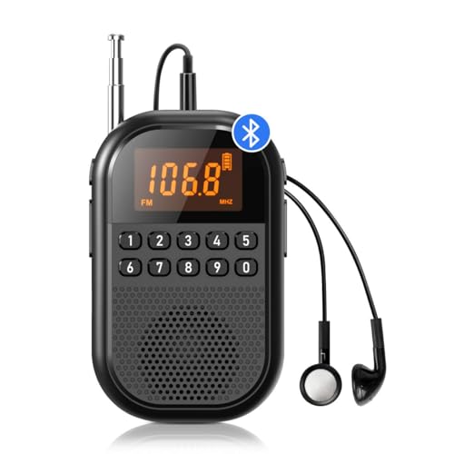 Pocket AM FM Radio:1100mAh Rechargeable Radio Supports Bluetooth, Mini FM AM Receiver with Large Speaker, Stereo Earphone, Sleep Timer, Easy to use for Jogging, Walking Black