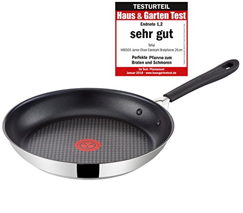 Tefal H80505 Jamie Oliver Edelstahl Bratpfanne 26 cm, Induktion Pfanne mit Antihaftbeschichtung, Bratpfanne auch für Induktionsherd, Antihaftpfanne, Nachfolger, inkl. Pfannenwender + Pfannenschoner