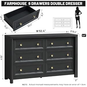 Black Dresser Farmhouse 6 Drawer Dresser for Bedroom 52 inch Wide Dresser with Deep Drawers Vintage Dresser Solid Wood Chest of Drawers for Bedroom Nursery