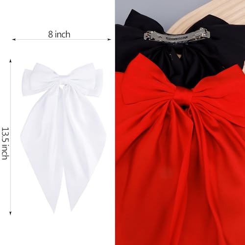 Velscrun Red Black White Hair Bows for Women Girls, Silky Satin Large Coquette Bow Oversized Hair Ribbons Big Bows Clip, Long Tail Bowknot Hair Barrettes Halloween Christmas Hair Bow Accessories