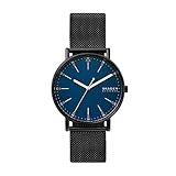 Rundes Edelstahlgehäuse mit blauem Zifferblatt.