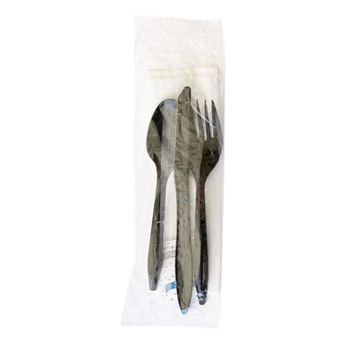 Boardwalk Disposable Plastic Cutlery Set Six Piece Silverware Kit Case of 250 Fork Knife Spoon Napkin Salt & Pepper Polystyrene Black Individually Wrapped