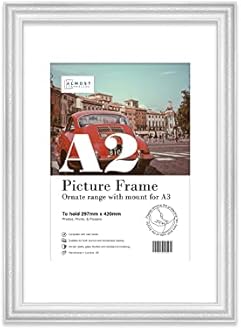 Almost Frameless A2 White Ornate Picture Frame With White Mount for A3 (29.7 x 42cm - 11.7 x 16.5in) Poster, Photo, Artwork, or Print. Baroque Style Portrait and Landscape Display with Wall Hooks