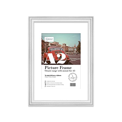 Almost Frameless A2 White Ornate Picture Frame With White Mount for A3 (29.7 x 42cm - 11.7 x 16.5in) Poster, Photo, Artwork, or Print. Baroque Style Portrait and Landscape Display with Wall Hooks