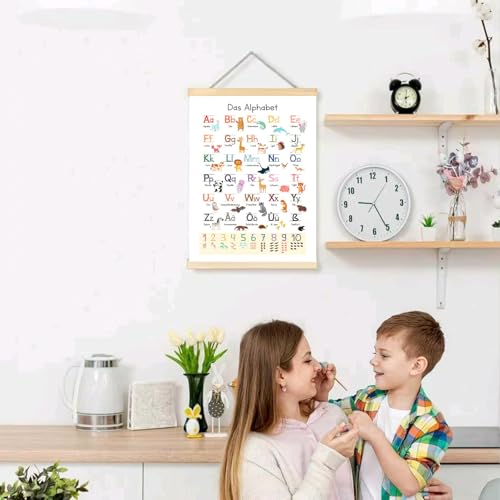 hurifeng ABC Poster mit Tieren 30x40cm – Lernposter mit Alphabet und Zahlen 1-10 inkl. Holz-Aufhängung, perfekt für Kinderzimmer, Kindergarten und Vorschule