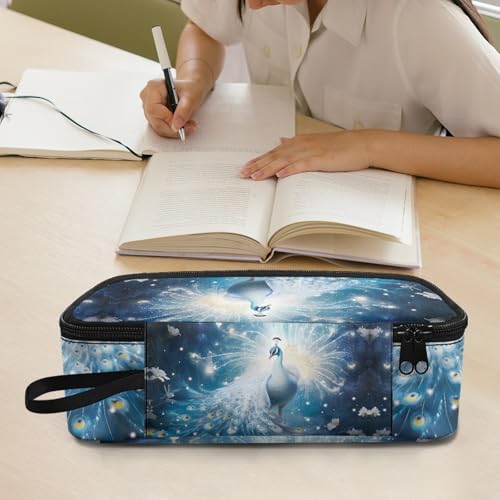 Image of Flower Peacock Large Pencil Pouch for Girls Kids Aesthetic Pencil Case with Protable Handle Children Pencil Container for Boys School Students Coin Purse Handbag for Daily Study