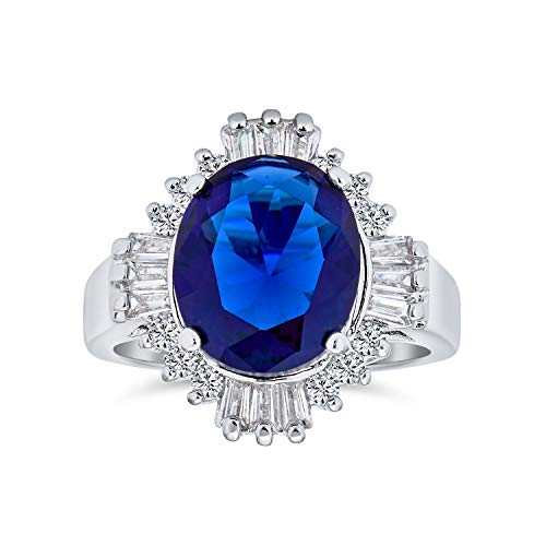 Personalize Vintage Art Deco Style Cocktail Ring With Large Oval Solitaire AAA CZ Baguette Halo Simulated Sapphire Blue Green - 5-15 CTW Customizable