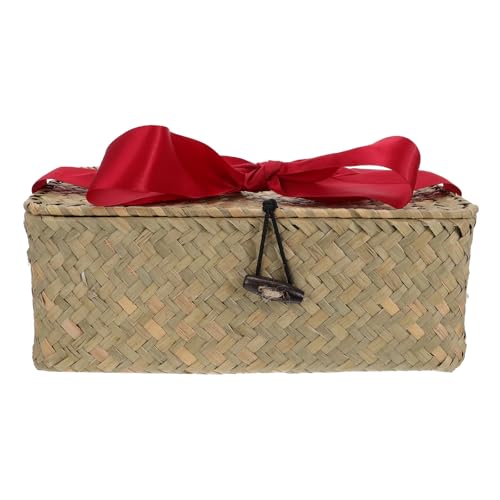 Veemoon Caja de Almacenamiento Tejida de Marina Rectangular con Tapa 23X13X8 CM Color con Cinta Roja Cesta Organizadora para Hogar y Escritorio Cesta con Tapa para Orden y Decoración