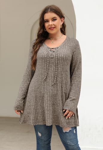Image of Nemidor Women Plus Size Casual Tunic Top Drawstring V Neck Long Sleeve