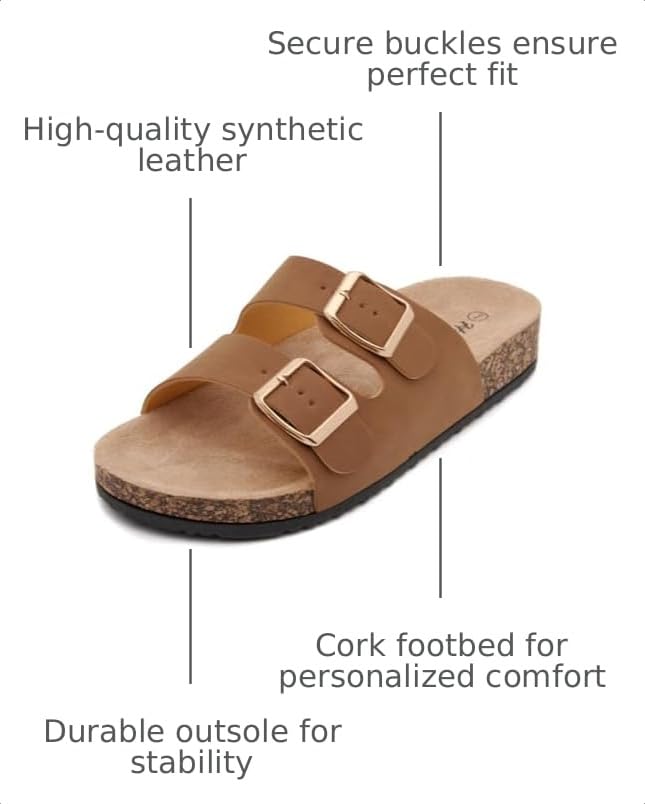 Image of Herstyle Womens Cork Footbed Slides for Women, Double Strap Flat Sandals, Adjustable Buckle Comfort Slip On Shoes, Summer Beach Casual Walking Slippers
