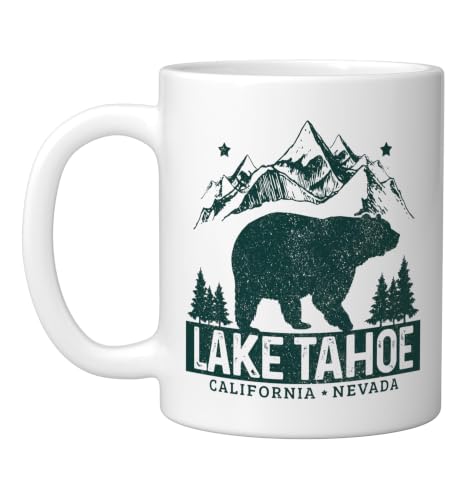 Lake Tahoe Vintage Mountains Bear California Nevada Ceramic Mug, White,