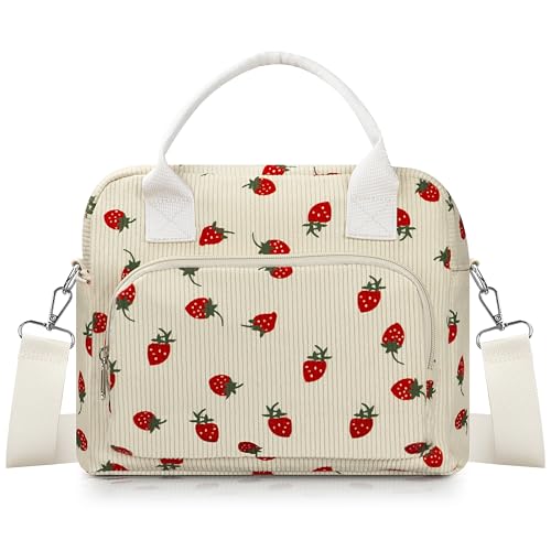 TESAFNG Lunch Box for Women Insulated Lunch Bag Cute Corduroy Lunch Tote Bags Lightweight Reusable Leakproof Cooler Bag with Adjustable Shoulder Strap for Work Office Travel Picnic (Strawberry)