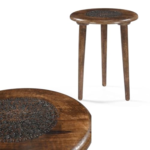 Handgefertigter Beistelltisch mit Schnitzerei – Orientalischer Holztisch aus massivem Mangoholz – Schnell auf- & abgebaut 46x46x56 cm Couchtisch luxus boho