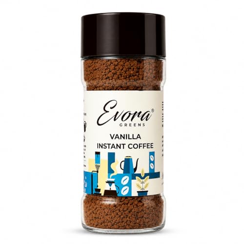 Image of Evora Greens Vanilla Flavoured Instant Coffee | Arabica & Robusta Blend | Smooth Cafe Style Taste | Hot, Cold & Black Coffee | Makes ~50 Cups | 100g Glass Jar