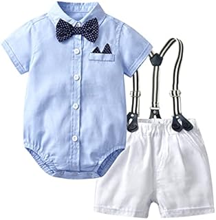 Adorel Baby Boys Gentleman Outfit Short Sleeves Shirt Shorts Set Bowtie Suspenders Pants Summer Suit Formal Wedding Christening Baptism