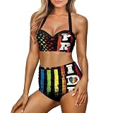 KEIAHUAN Bikini Sets for Women Tummy Control Push Up Swimsuit Rainbow LGBT Pride Flag Gay Flag Bahing Suit Quick Day Bikini Set Summer Swimwear High Waisted Summer Beachwear