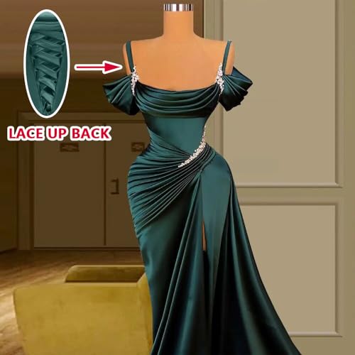 Spaghetti Straps Mermaid Slit Prom Dresses 2024 Beaded Long Satin Formal Evening Gowns for Women2