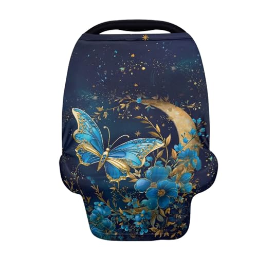 Image of Blue Butterfly Car Seat Canopy for Baby Girls,Floral Pattern Nursing Cover Elastic Breastfeeding Cover Soft Car Infant Seat Cover