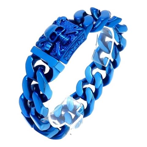 Klapgo Gothic Skull Curb Link Chain Bracelet for Men,Punk Rock Vintage Stainless Steel Bracelet with Fleur De Lis Blue Cover