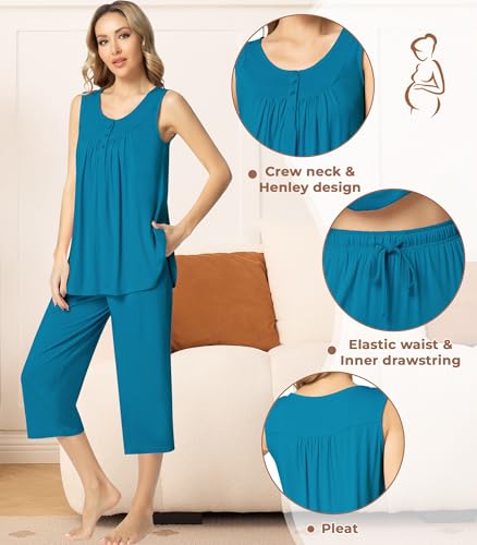 Image of NACHILA Pajamas for Women-Viscose Made from Bamboo, Sleeveless Pjs Top and Capri Pants Pajama Set Cool Pleated Sleepwear
