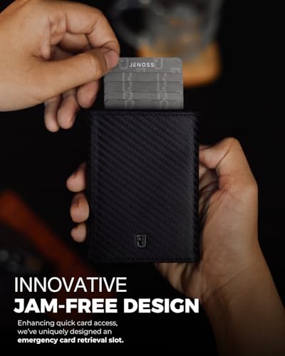 Image of Jenoss Smart Wallet For Men: Full Grain Leather, Handcrafted, Slide Metal Pop Up Case, Slim RFID Blocking Credit Card Holder, Minimalist, Compact - 9-12 Card Organizers | ID | Money Clip (Carbon)