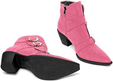 AMBELIGHT Women's Zip Fashion 2.5 Inch Ankle High Low Heel Chunky School Pointed Toe Bukcle Suede Boots Hot Pink Size 7.5 - Tacones | Image 6