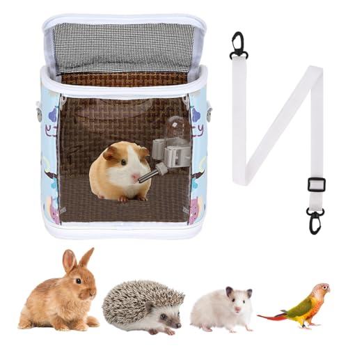 Guinea Pig Carrier Bag with Water Bottle,Travel Portable Small Animal Carrier Sling Pouch, Clear Window Carrier Backpack for Hamster Bunny Gerbil Hedgehog Sugar Glider Lizard Bird.(Blue)