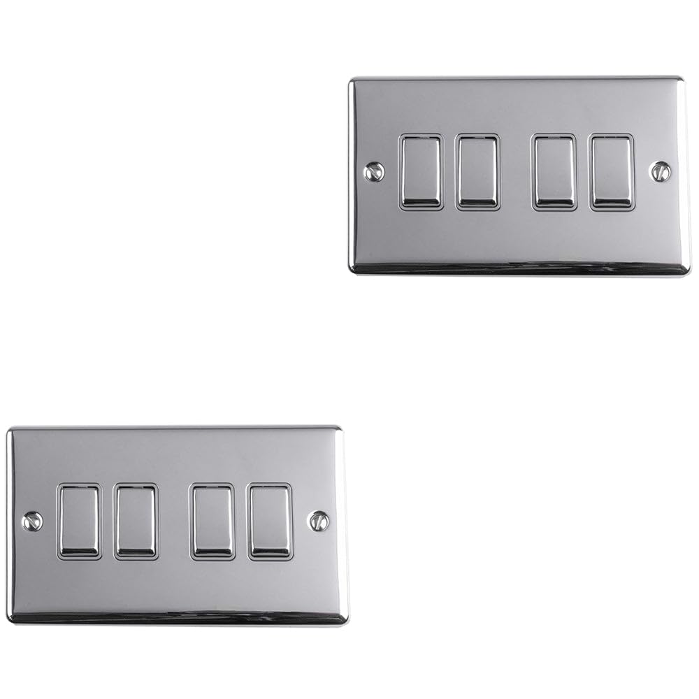 Metall-Lichtschalter, 4-Gang-Vierfach-Lichtschalter, poliertes Chrom, 2-Wege, 10 A, graue Zierleiste, dekorative Küche, Wohnzimmer, Schlafzimmer, 2 Stück