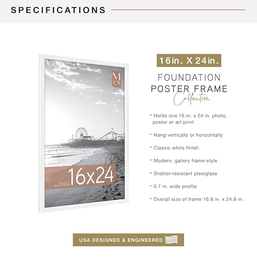 Image of MCS Foundation 16x24 Poster Frame Traditional White, Vertical & Horizontal Wall Hanging Large Picture Frame for Photos, Posters & Art Prints (1-Pack)