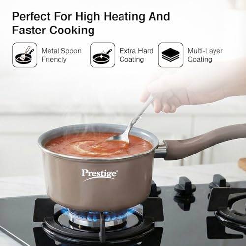 Image of Prestige Ceraglide Duo Sauce pan 16Cm /1.4L with Glass Lid Non-Stick Ceramic Coating|Works On Gas & Induction|High Heating|Cool Touch Handle|Grey