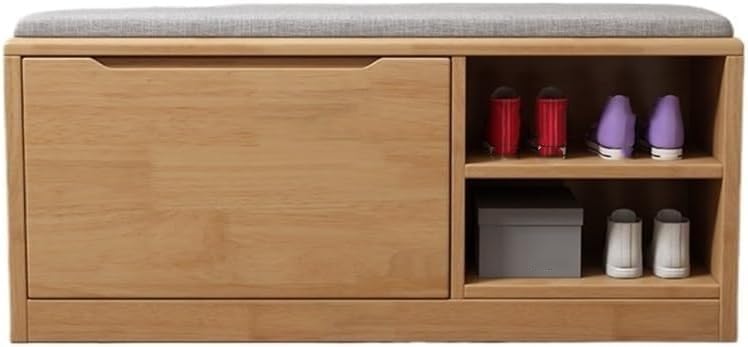 Shoe Rack Bench Solid Wood flip-Door Shoe Cabinet with Soft Padding and Removable Shoe Bench(Natural)