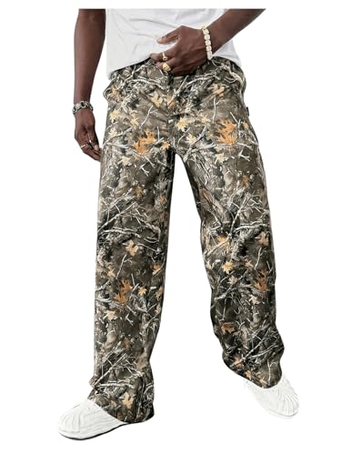 OYOANGLE Men's All Over Print Long Pants Zipper Fly Wide Leg Trousers with Pockets Streetwear