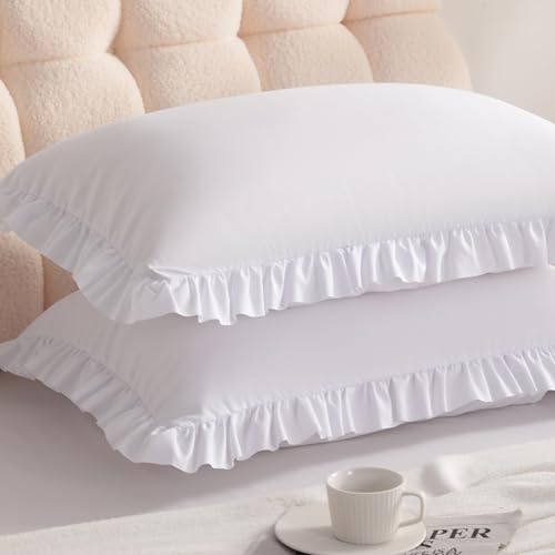 Aerlomi Ruffled Pillowcases Standard Pillow Shams 20x26 Set of 2 Brushed Microfiber with Envelope Closure Soft Wrinkle-Resistant White